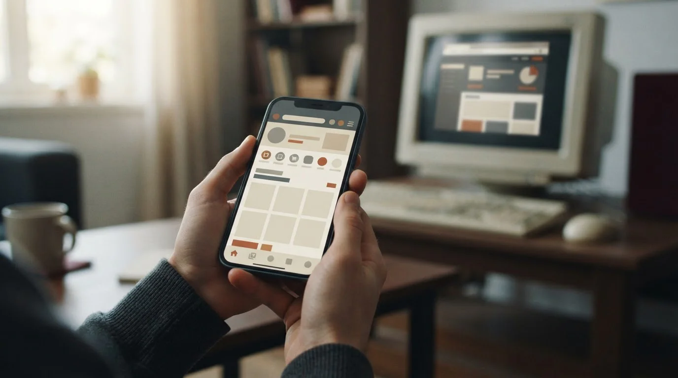 Illustrazione editoriale di un casinò online storico consultato da browser mobile senza loghi o interfacce reali
